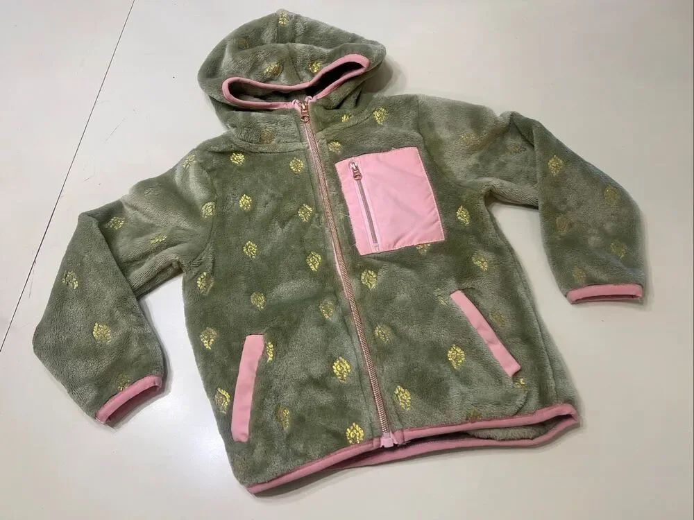 Nanette Lepore Girls Teddy Fleece Full Zip Hooded Jacket Olive Green Pink Size 4